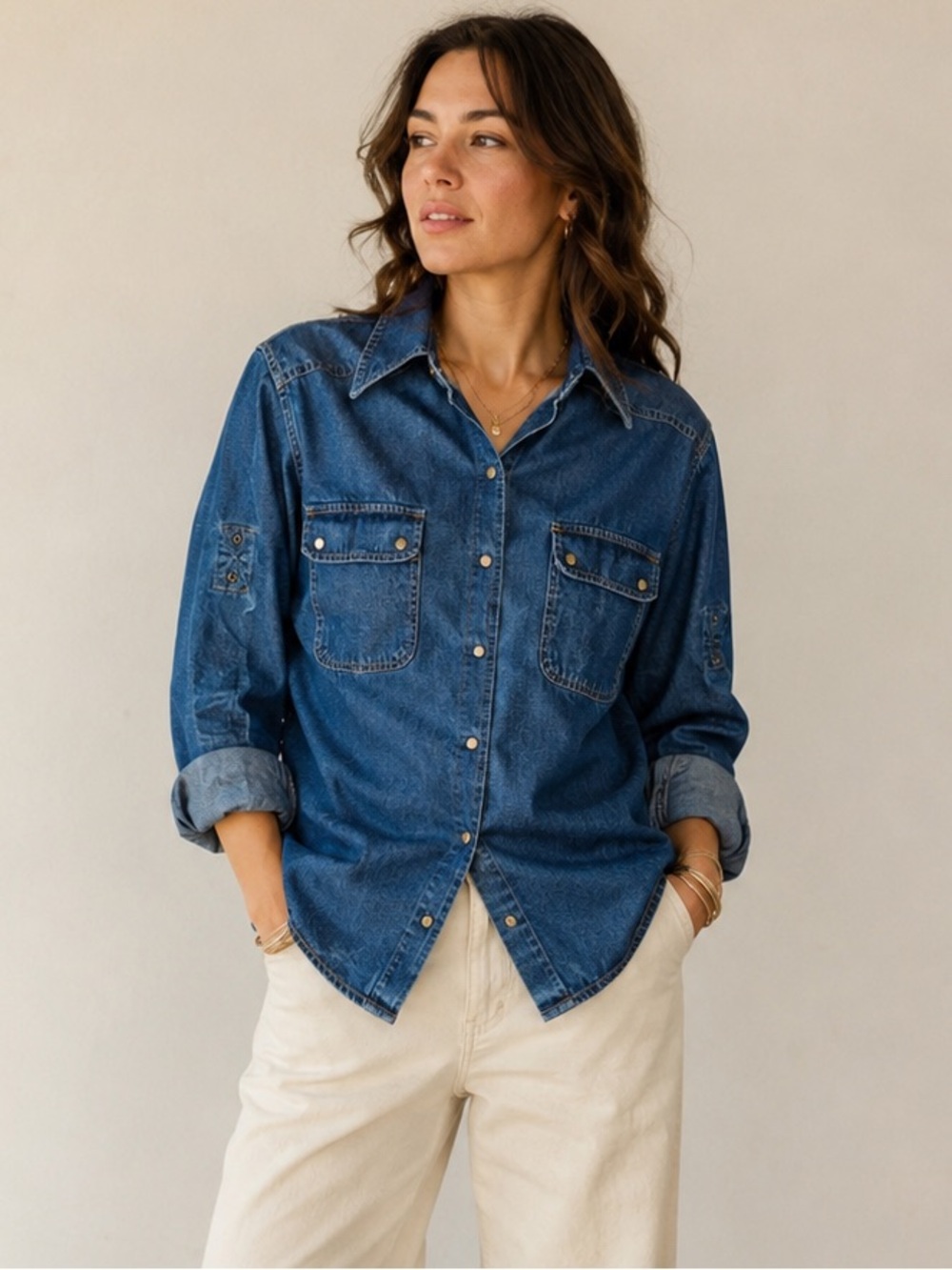 i. e Relaxed Woman Denim Snap Button Western Shirt Dark Wash Long Sleeve Utility - Picture 2 of 15